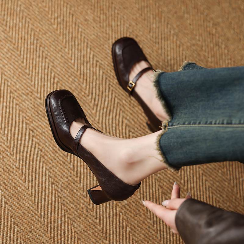 Krazing Pot Овчина Квадратный Носок Размер 40 Высокие Каблуки Металлическая Пряжка Декорация Модные Гладиаторы Осенние Туфли