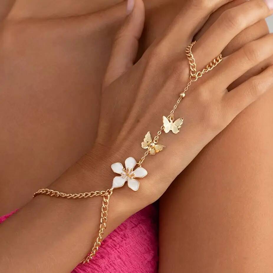 Salircon Romantic Sweet Butterfly Tassel Flower Finger Bracelet Women Elegant Charm Drip Oil Floral Ring Bangle Banquet Jewelry