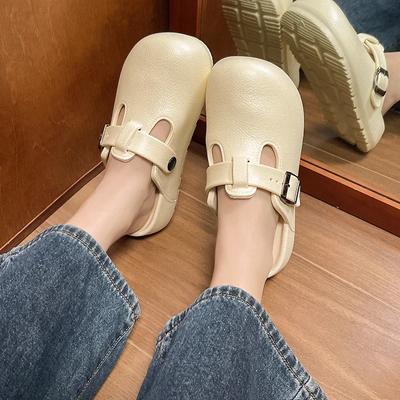 Модная женская обувь 2024 года, новые закрытые женские тапочки, летние, пряжка, однотонная, из кожи, легкие, плоские, повседневные, удобные тапочки