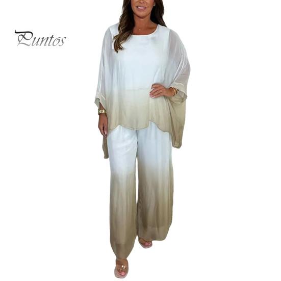 Summer Chiffon Gradient 2 Piece Set for Women Plus Size Crew Neck Top Wide-leg Pant Set Casual Loungewear Outfit