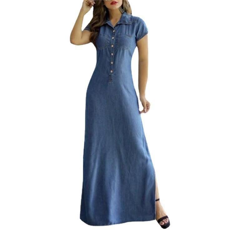 European American Casual Denim Maxi Dress 2022 Shirt Collar Slit Pockets Swing Skirt