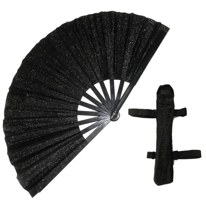 33Cm Glitter Hand Fan With Cover Bag Bamboo Bone Kung Fu Fan Large Foldable Festival Party Fan Dancing Fan For Party Supplies
