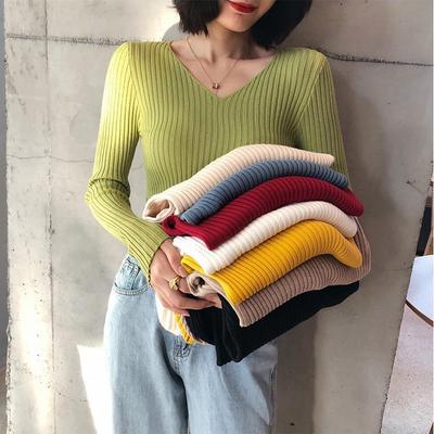 Осенний модный женский обтягивающий эластичный повседневный свитер с длинным рукавом и v-образным вырезом, женские трикотажные рубашки, пуловер, топ, женские свитера