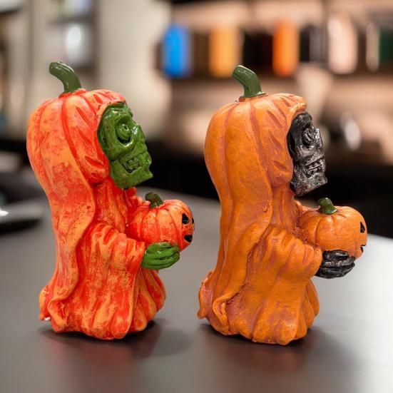 Halloween Pumpkin Ghost Statue Cartoon Skeleton Pumpkin Man Resin Figurine Sculpture Holiday Party Desktop Decoration Ornament