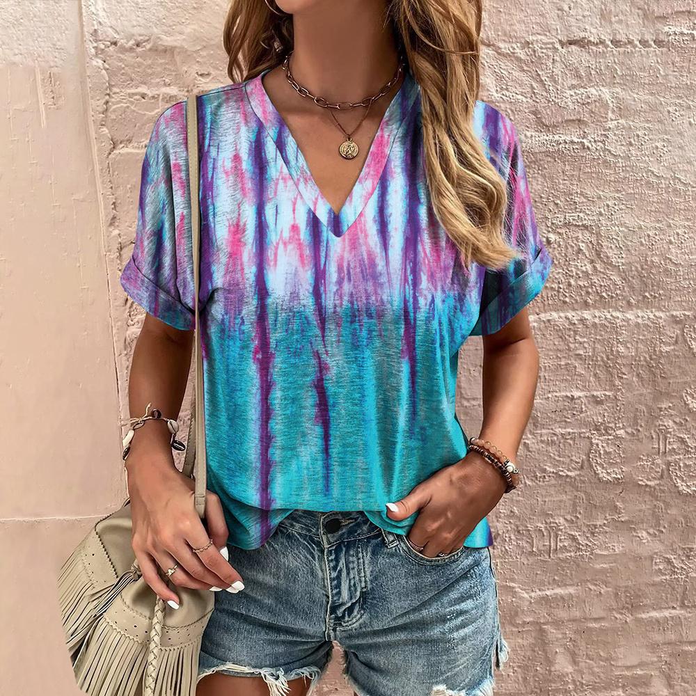 Летняя женская футболка с полосатым принтом, футболка в стиле тай-дай с коротким рукавом, женская одежда, V-образный вырез, свободная блузка, женские футболки