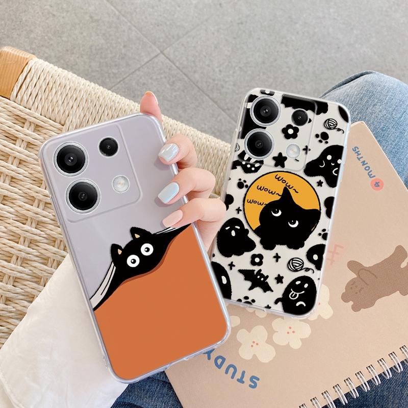 Мягкий силиконовый прозрачный чехол с рисунком черного кота для Xiaomi Redmi Note 13 Pro Poco Samsung A55 A54 A34 A15 S24 M35 iPhone 11 12 13 14 15 противоударный чехол