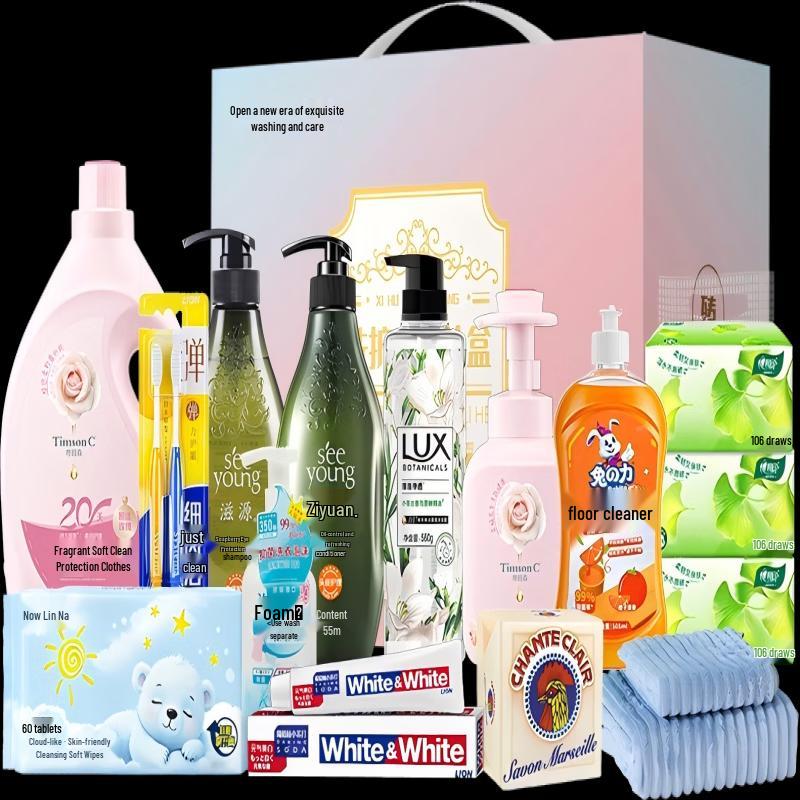 Набор из 13 предметов: Средства для ухода за волосами разных брендов и essentials для уборки дома