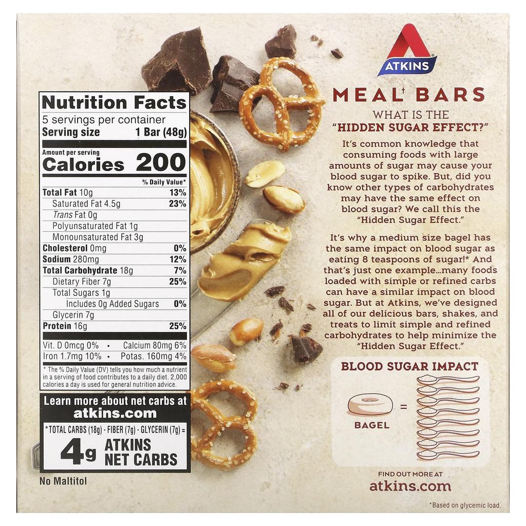 Atkins, Chocolate Peanut Butter Pretzel Bars, 5 bars, 1.7 ounces (48 grams) each