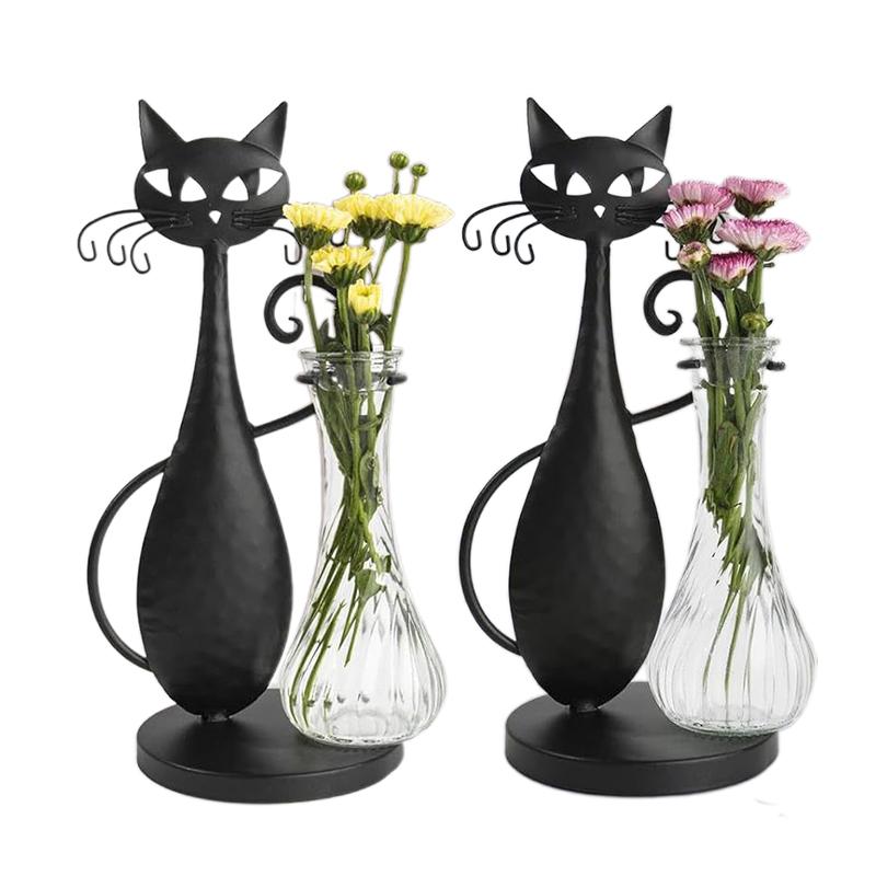 Ручная работа Мультяшный кот Уникальная цветочная композиция Домашний декор Цветочное искусство Креативная стеклянная ваза DIY Железное искусство Экологичный черный