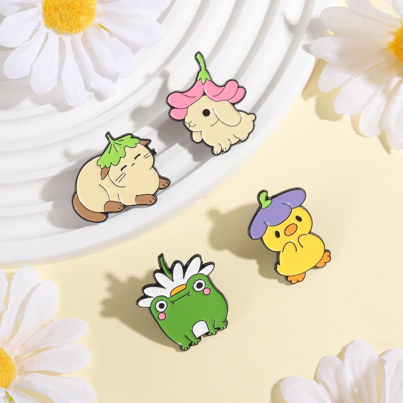 Xiaomi Duck Wear Eggplant Hat Frog Wear Daisy Hat Enamel Pins Brooch Cute Animal Brooches Backpack Lapel Badge Jewelry Gift for Friends