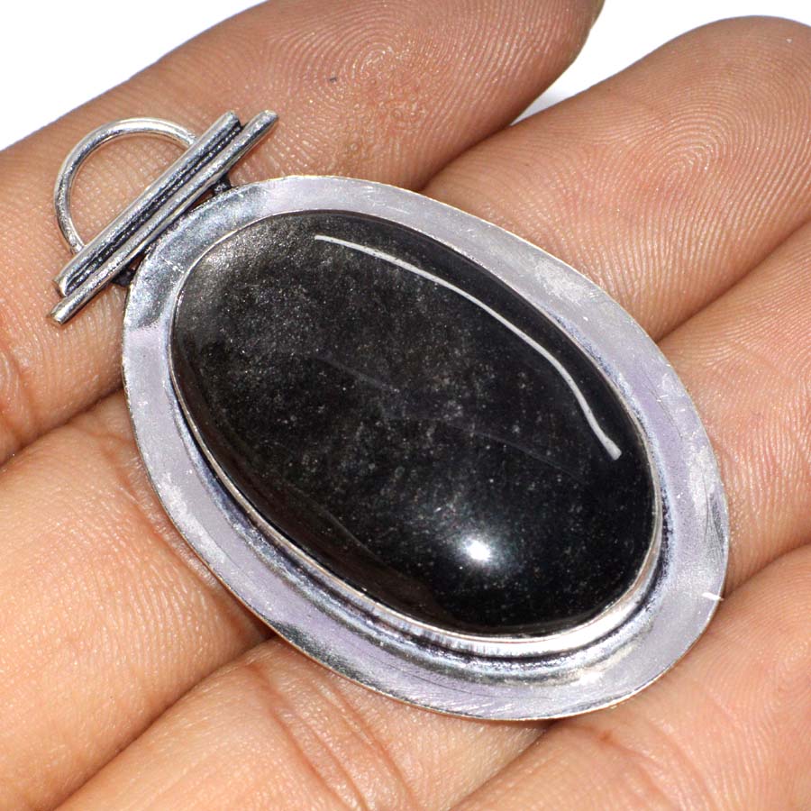 Classic Silver Obsidian 925 Silver Plated Pendant 2" Jewelry Gift D1C81