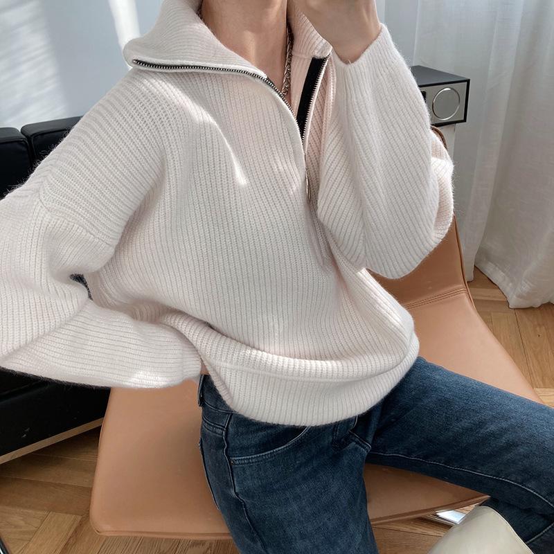 Hirsionsan Zipper Turn-down Collar Autumn Sweaters Women Cashmere Soft Loose Solid Female Knited Pullovers 2021new Thick Jumper