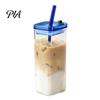 Reusable Glass Tumblers for Cold Drinks Square Borosilicate Cup with Lid And Straw, 350ml Capacity, Heat-Resistant Cups Lids Straws Tumbler,
