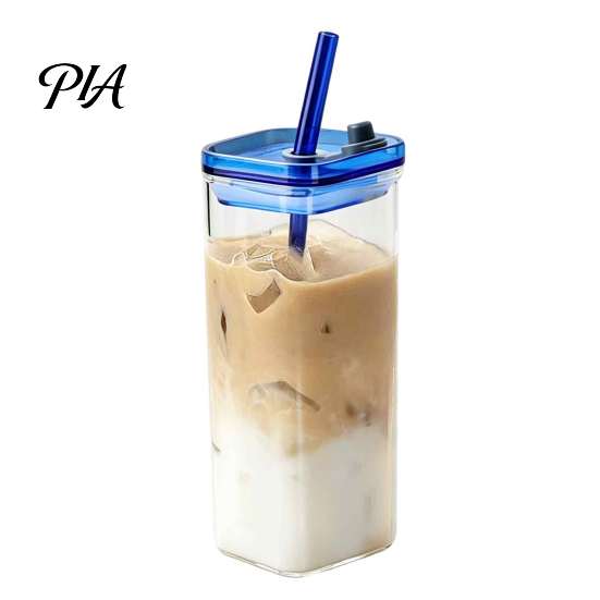 Reusable Glass Tumblers for Cold Drinks Square Borosilicate Cup with Lid And Straw, 350ml Capacity, Heat-Resistant Cups Lids Straws Tumbler,
