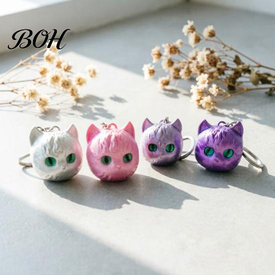 Cat Shaped Ornament 3D Printed Head Keychain, Cute Kawaii Kitten Bag Charm with Pearlescent Finish & Bright Green Eyes, Lightweight Animal Pendant Key