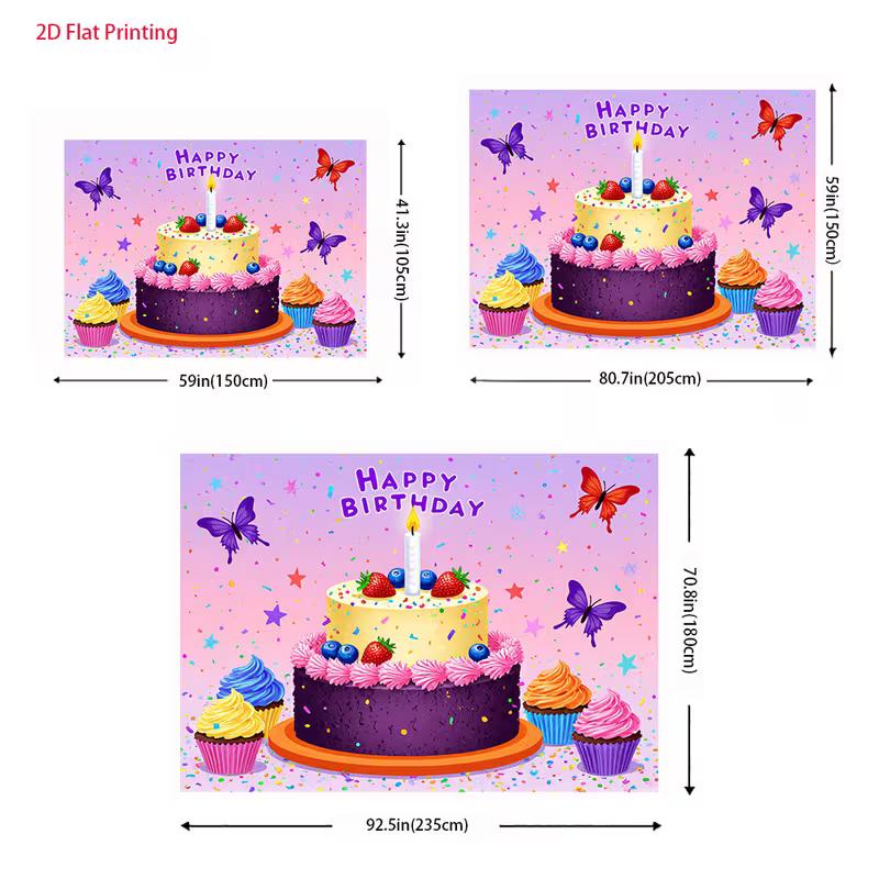 2D Happy Birthday Themed Backdrop, Cake, Cupcakes and Butterflies for Sweet Birthday Celebrations