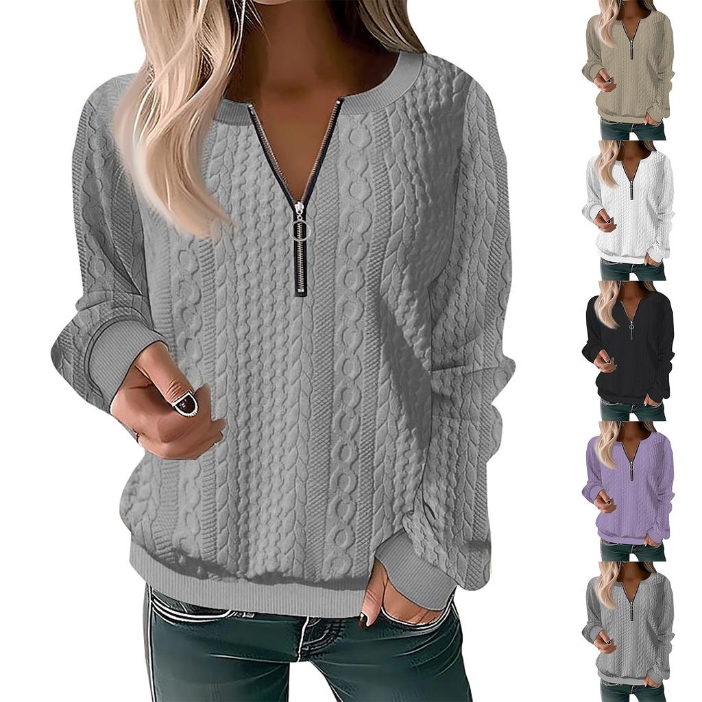 Women's Fashion Casual Zipper V-Neck Loose Long Sleeve Solid Color Sweatshirt
