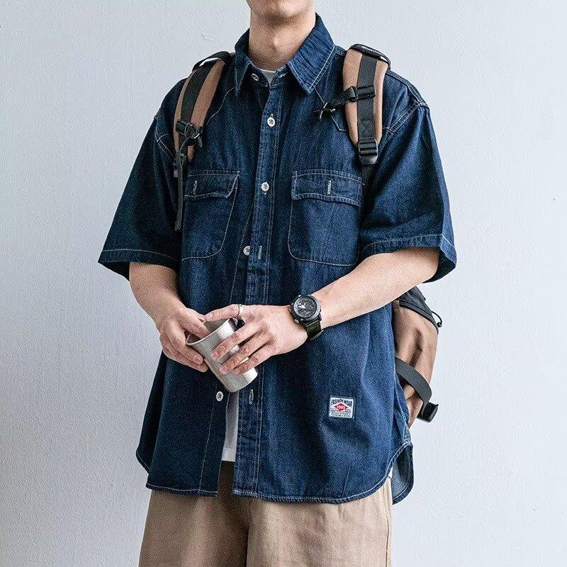 Японский ретро модный бренд летняя свободная джинсовая рубашка с короткими рукавами художественная молодежная рабочая рубашка мужская и женская многослойная куртка