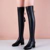 Fashion Black Leather Pointed Toe Ladies Above Over The Knee Shoes Autumn Winter Fleece-Lined Middle Heel Goth Women's Thigh High Boots