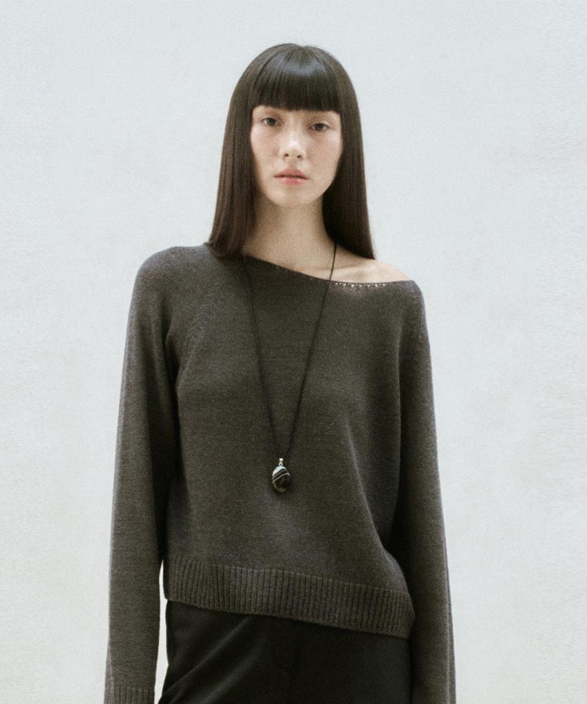 RE RHEE Round Neck Sheer Knit Top Charcoal Gray