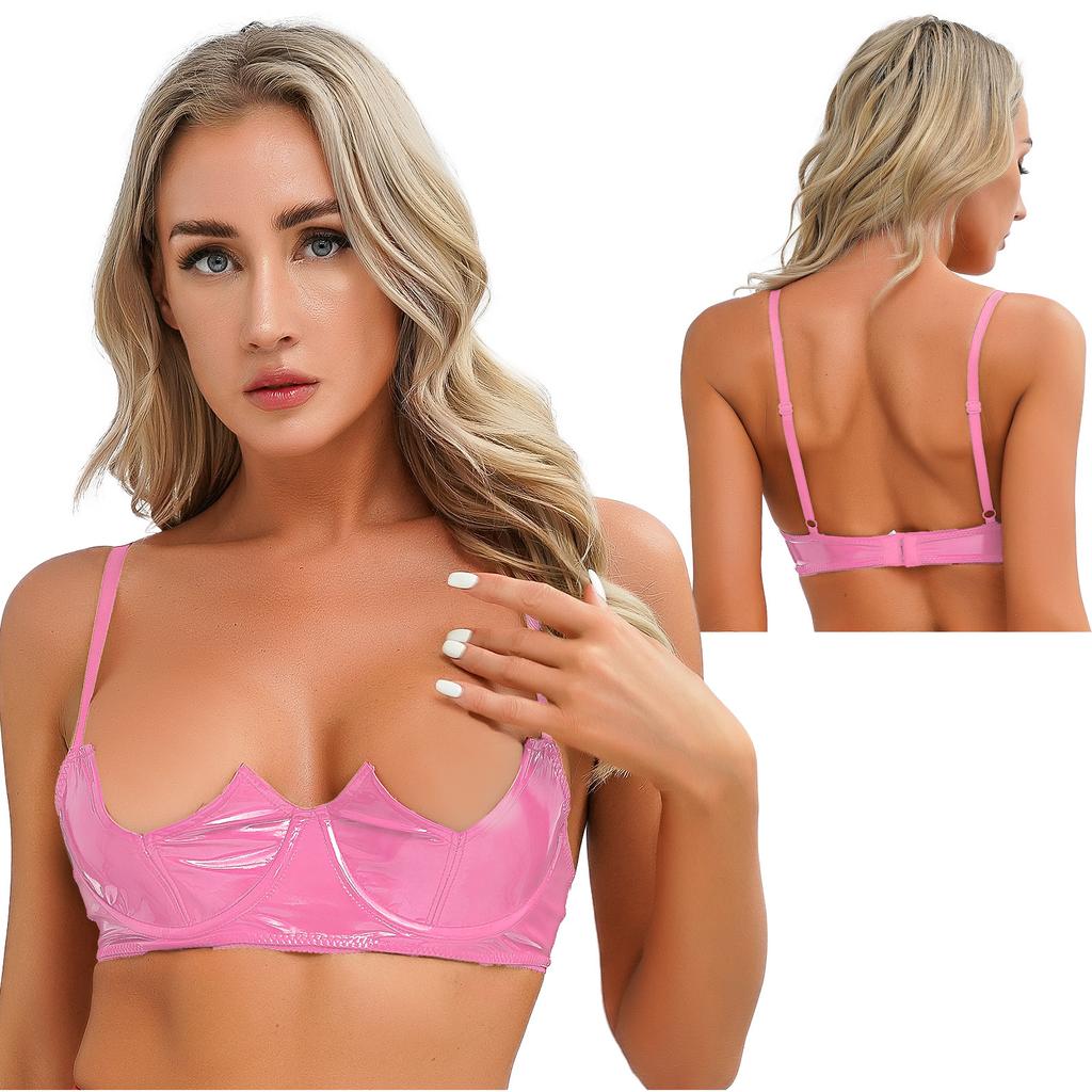 Женский бюстгальтер на косточках с V-образным вырезом, пуш-ап, регулируемые бретельки, бюстгальтер из лакированной кожи