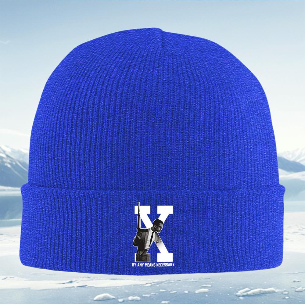 Figure holding gun white letter black background Men Women Unisex Knitted Hat Beanie Pullover Cap Winter Thermal Warm Christmas