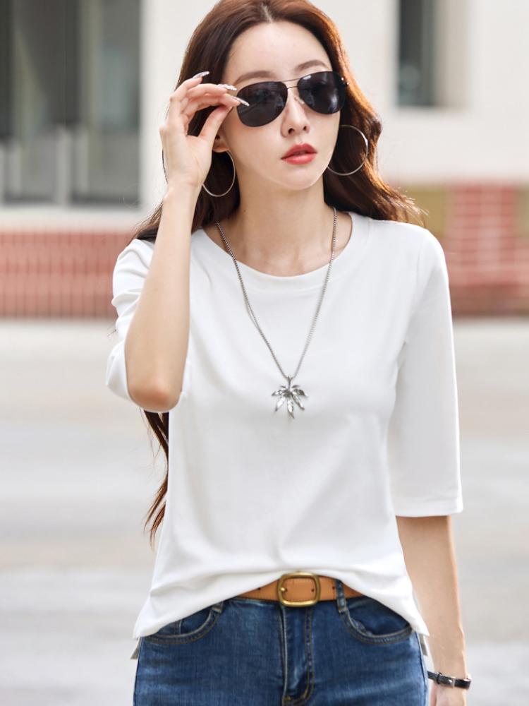 Summer T Shirt Women Cotton O-Neck Streetwear Tshirt Short Sleeve Solid Color Three Quarter Sleeve Tee Shirt Femme Sexy