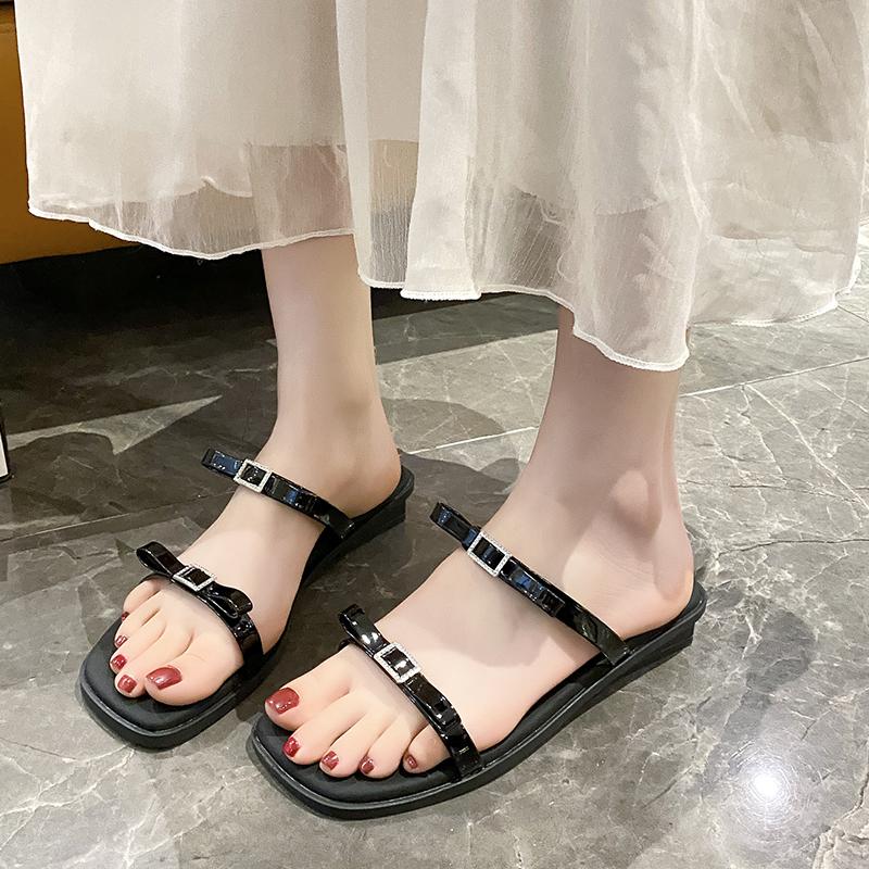 Fashion Low Heel Slippers Women's Fashion Square Head Butterfly Knot Fine Strap Soft Sole Anti-slip Wear-resistant Slope Heel Shoes