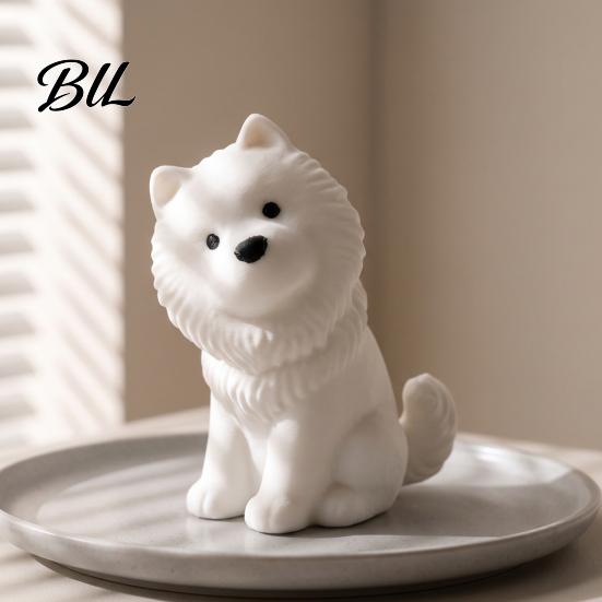 Durable Dog Figure Cute Sitting Samoyed Figurine, 3D Printed Smiling Puppy Statue, Healing Realistic Art Piece Animal Desktop Ornament for Home