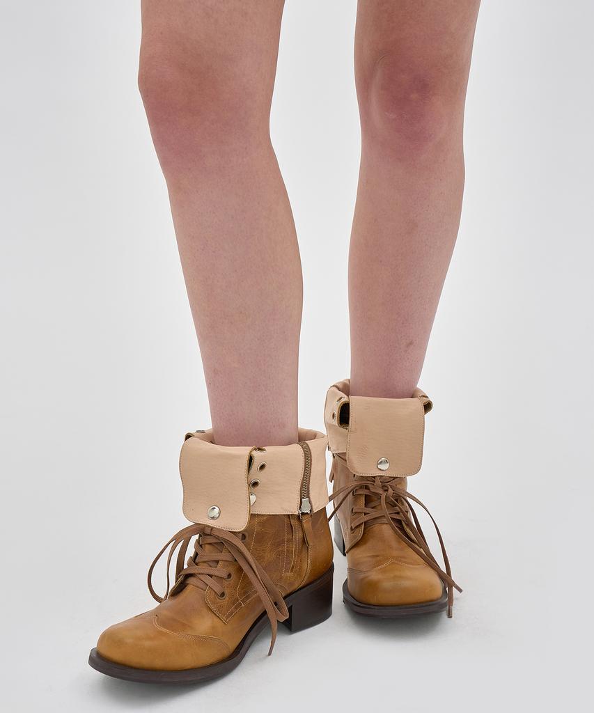 Partimento Women Leather Buckle Strap Lace-Up Boots_Camel