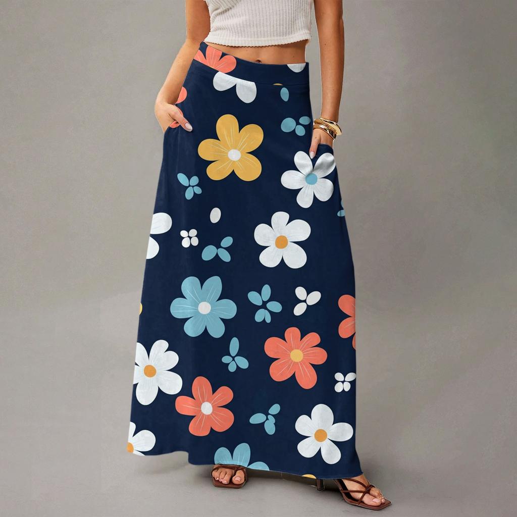 Женская повседневная складная юбка макси с цветочным принтом, высокой талией и карманом, с драпировкой