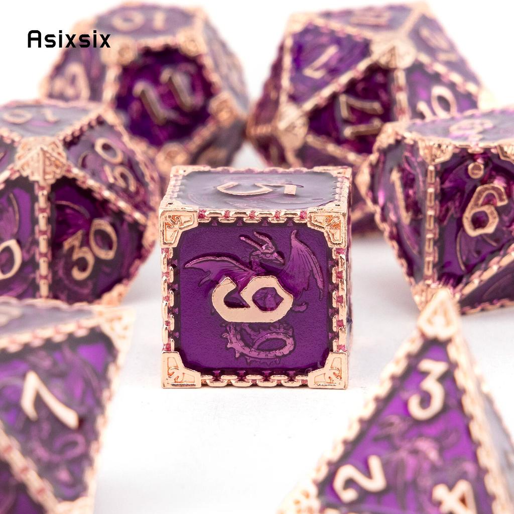 7 Pcs Purple Dragon Metal Dice Solid Metal Polyhedral Dice Set Suitable for Role-Playing RPG Board Game Card Game