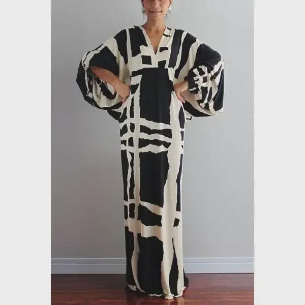 Женское ретро-платье с V-образным вырезом и рукавами средней длины с принтом - большой размер