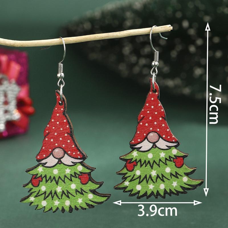 Christmas Fashion Earrings Wood Printed Stud Earrings Santa Ear Hooks Christmas Tree Earrings