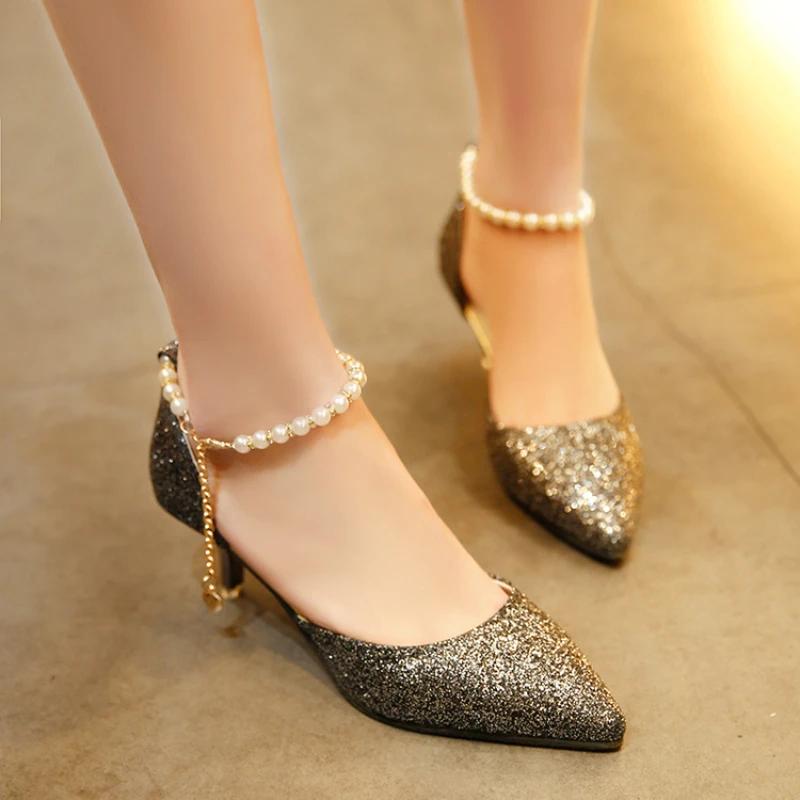 Sexy Women High Heels Pointed Toe Pearl Party Shoes Women Fashion Designer Sandals Luxury Bling Women's Pumps Sandalias De Mujer