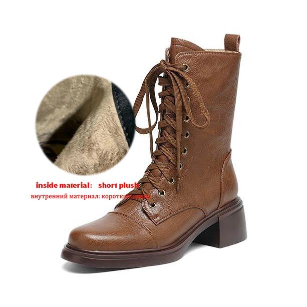 Krazing Pot Cow Skin Round Toe Thick Heels Motorcycle Boots Size 42 Lace Up Women Keep Warm Mid-calf Boots