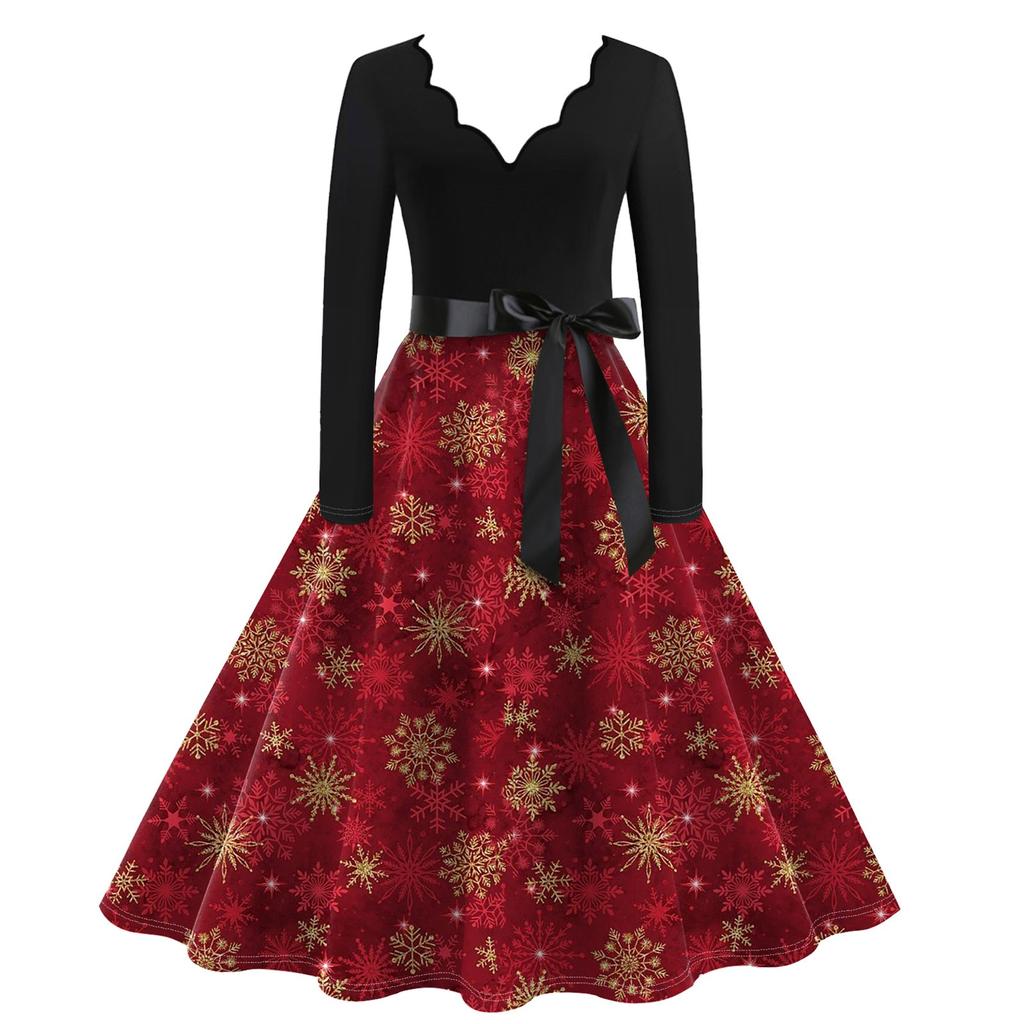 Ladies Casual Fashion V-Neck Long Sleeve Christmas Print Vintage Dress