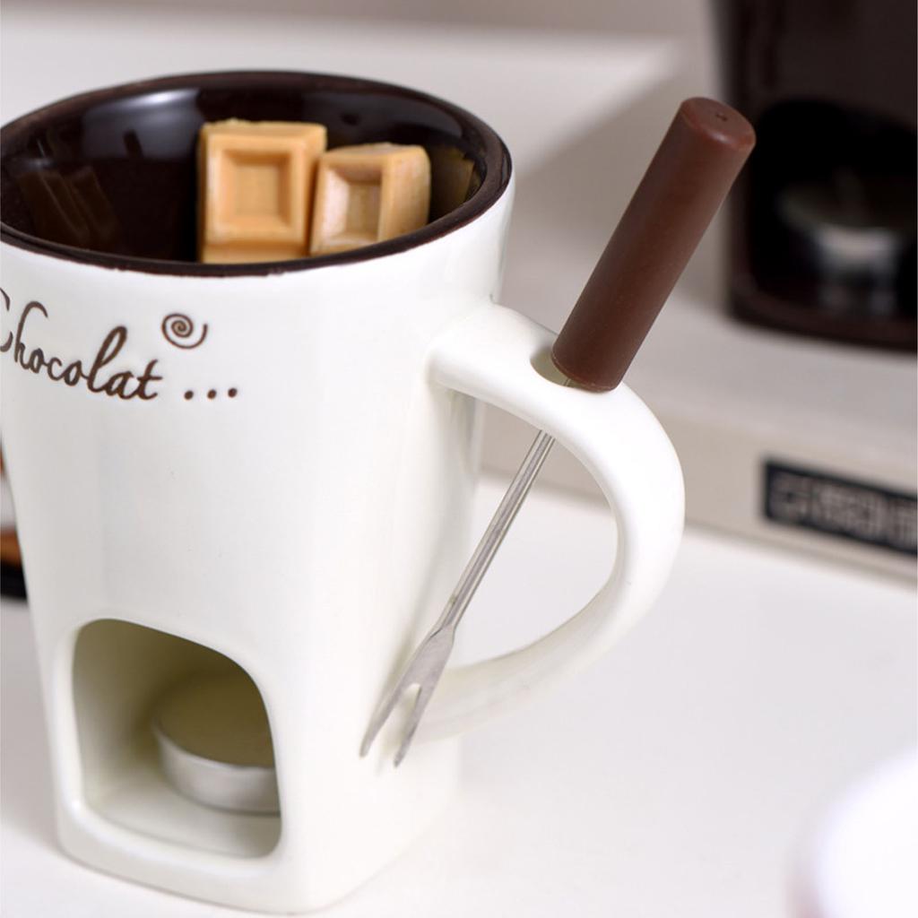 1PC Chocolate Melting Fondue Mug with Fork Ceramic Butter Warmer Pot and Supplies for Kitchen Chocolate Fondue