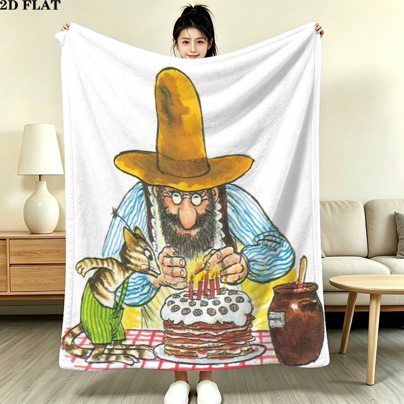 Pettson Findus Print Flannel Blanket, High quality Comfortable for All Seasons, Home Decor, Warmth and Comfort, Perfect for Christmas Gifts