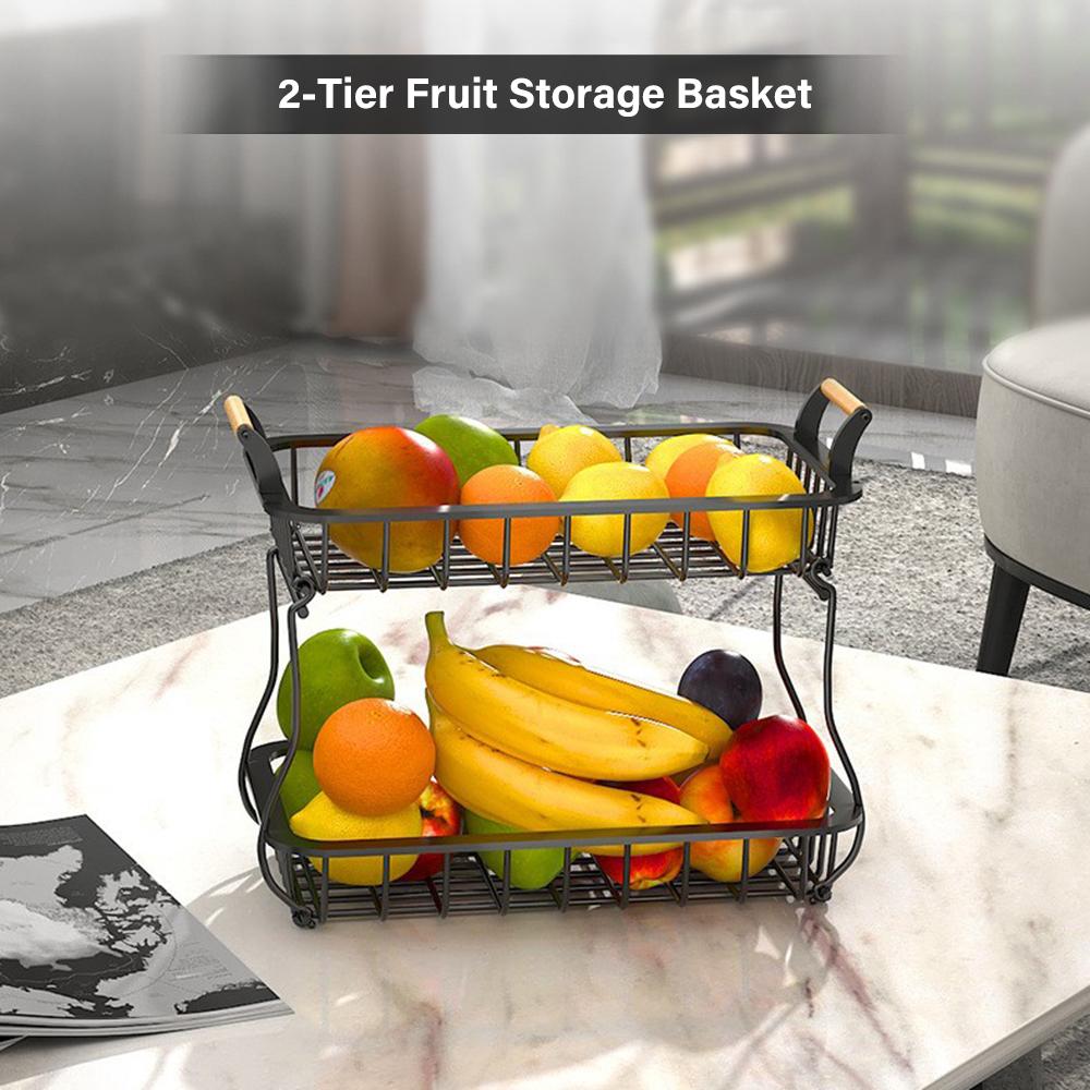 2 Tier Fruit Storage Basket Kitchen Countertop Organizer with Wooden Handle Mesh Carbon Steel Bowl for Bread Vegetable