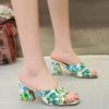 Европейские и американские босоножки на толстом каблуке с принтом 2024 года, новые сексуальные и простые тапочки с цветочным принтом и рыбьим ртом на высоком каблуке для девочек