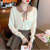 Fashion Sweet Peter Pan Collar Knitted Shirt for Women Autumn and Winter Slim Long Sleeve Women's Blouse Vintage Solid Bow Tie Ladies Tops 24742