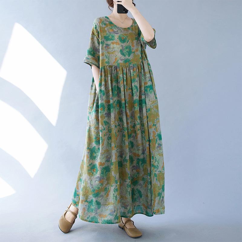 Новое женское длинное платье с круглым вырезом и принтом, свободное мягкое платье больших размеров, повседневное дышащее летнее пляжное платье для женщин