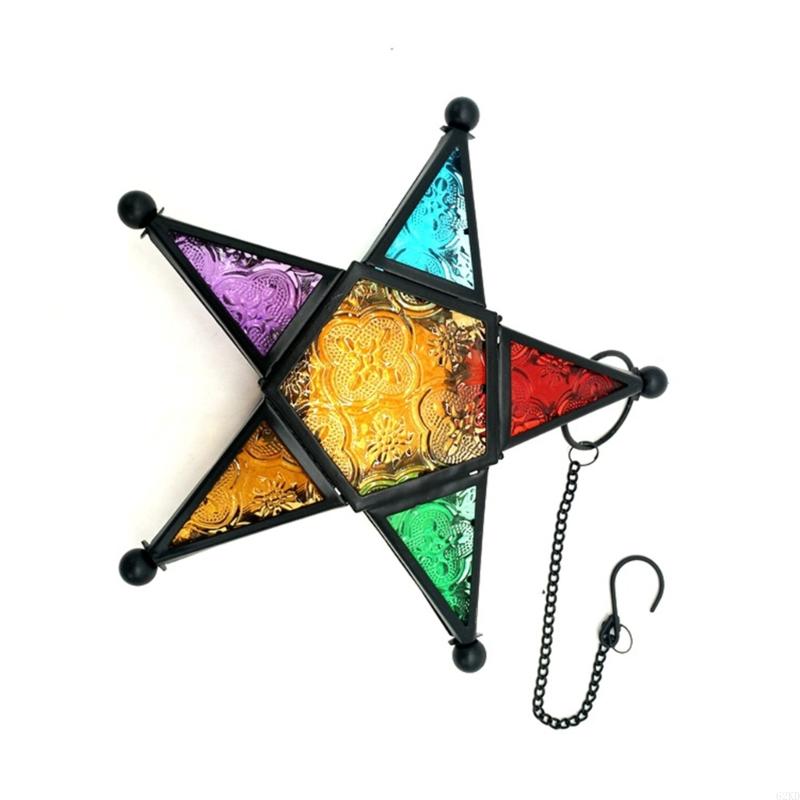 62KD Ветроустойчивый подсвечник-фонарь из цветного стекла и железного каркаса, марокканский подсвечник для патио, сада