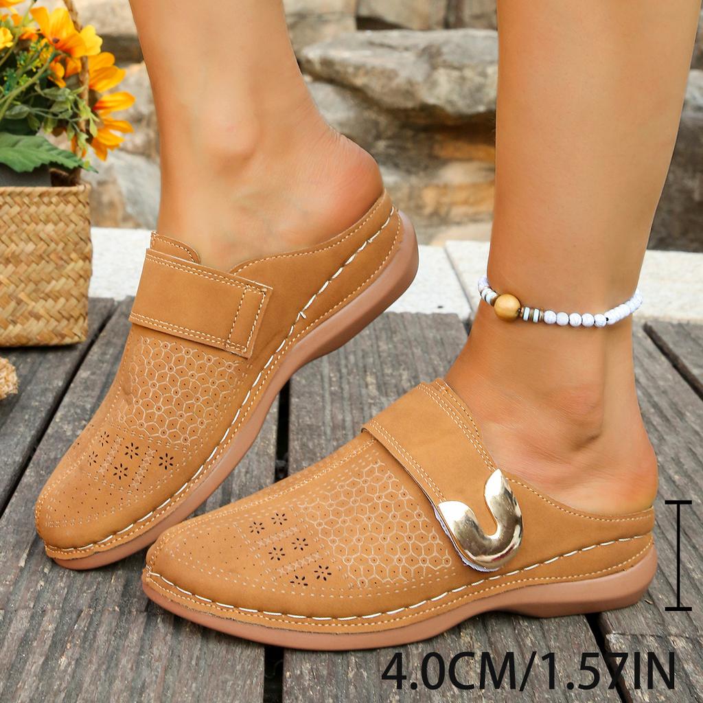 Large Size Bag Head Flat Bottom Casual Half Slippers Women's New Solid Color Wedge Metal Buckle Beach Slippers