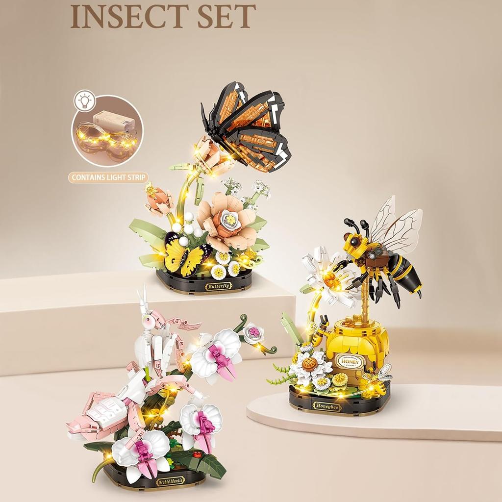 Insect Flower Building Blocks Set,Colorful Construction Building Bricks Toy with a Science Popularization Card,Creative Home Decoration (Honeybee)