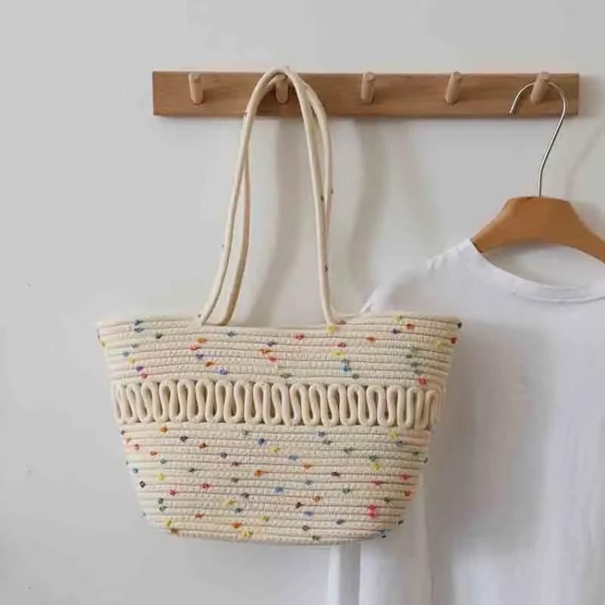 New Summer High-capacity French Grass Woven Bag Seaside Vacation Beach Single Shoulder Bag Hollowed Out Cotton Thread Woven Bag