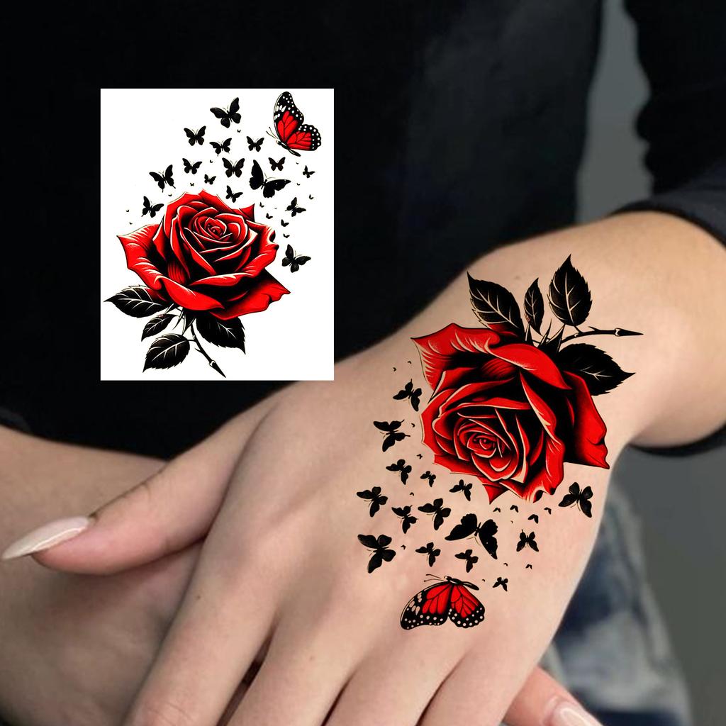 1 Sheet Rose Butterfly Flower Temporary Tattoos For Women Hand Arm, Fake Tattoo Sticker Waterproof Long Lasting Realistic Tatoos