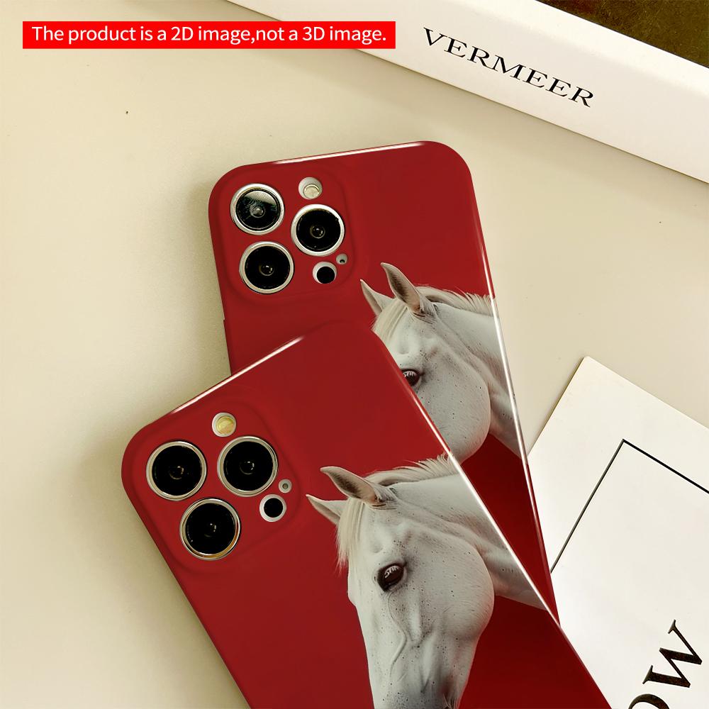 2DFlat White Horse Against Vibrant Red Background All inclusive film hard phone case, compatible with iPhone 18 Pro Max 17 16 15 14 13 12 11