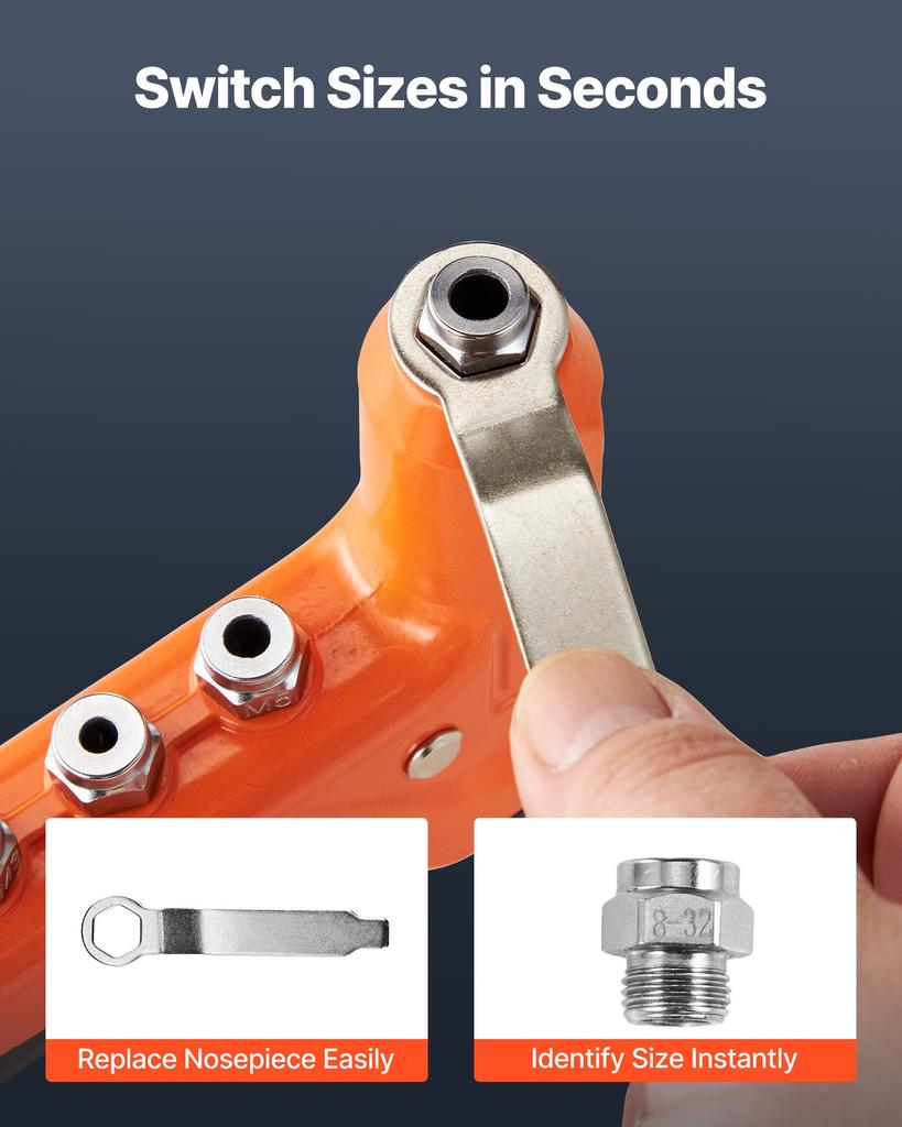 VEVOR Rivet Nut Tool Kit, 230 mm One-Handed Rivnut Tool Kit, with 8 Mandrels, a Step Drill Bit and 80 Nuts, Metric and SAE Size M3, M4, M5, M6, 6-32